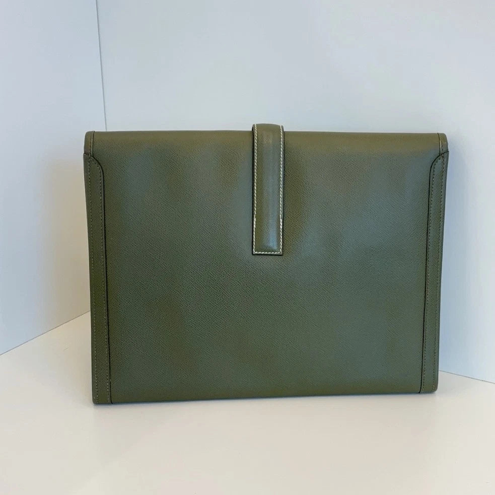 Hermes Jige Clutch Epsom Green H-Style Flap Closure Unisex Fashion
