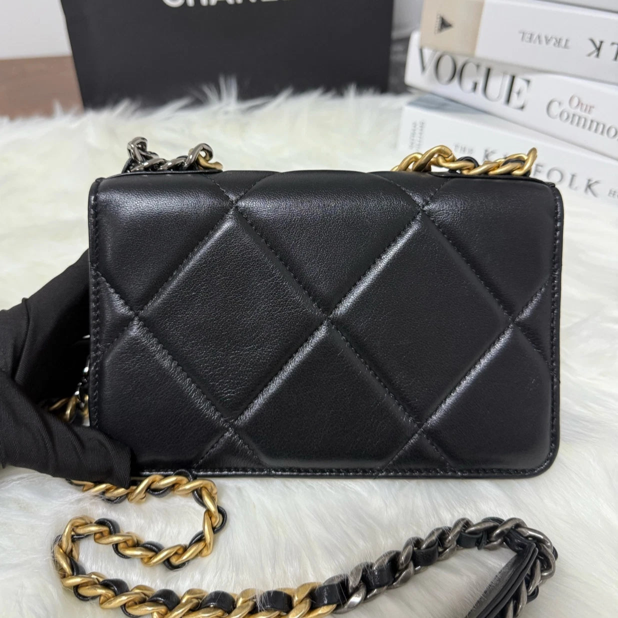 Authentic CHANEL 19 WOC Black Gold Crossbody Bag For Women