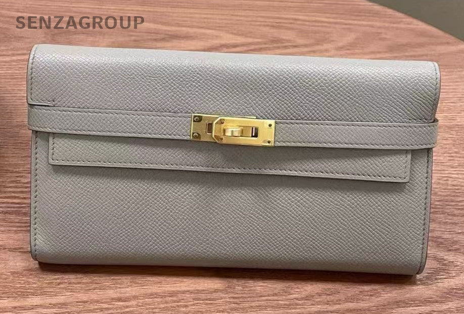 Hermes Kelly Long Wallet Epsom Leather Gray Gold Women