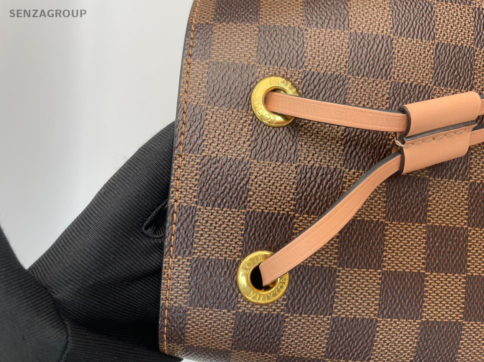#001 - Louis Vuitton NéoNoé Pink Interior Damier Bucket Bag MM Brown Canvas YY73