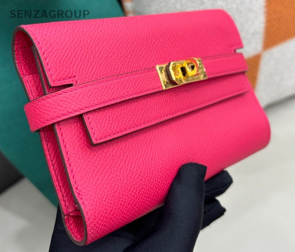 Hermes Kelly Epsom Leather Wallet Clutch Pink Gold Women Classic Fashion