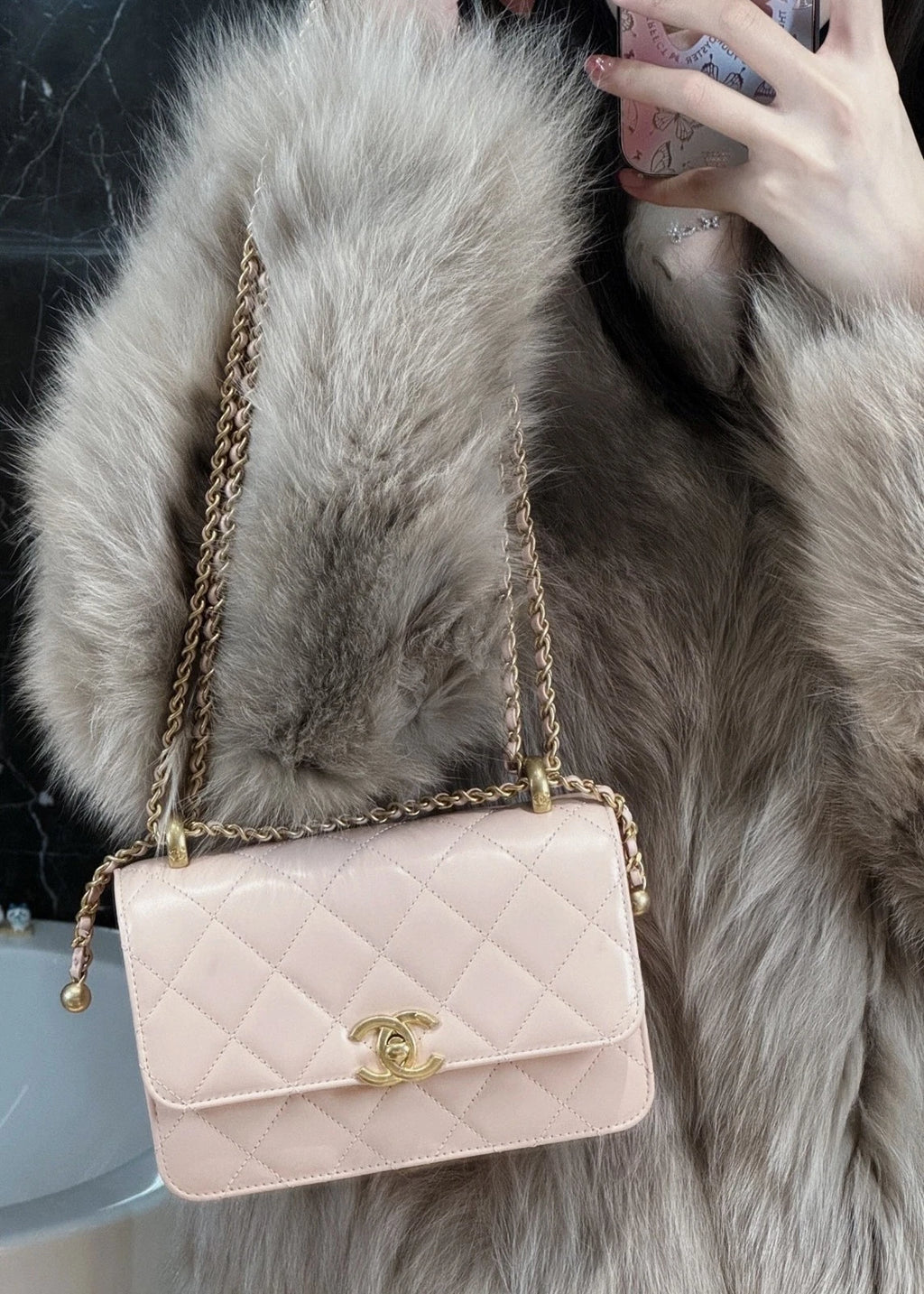 Chanel CF Mini Double Gold Ball Pink Calfskin Shoulder Handbag For Women