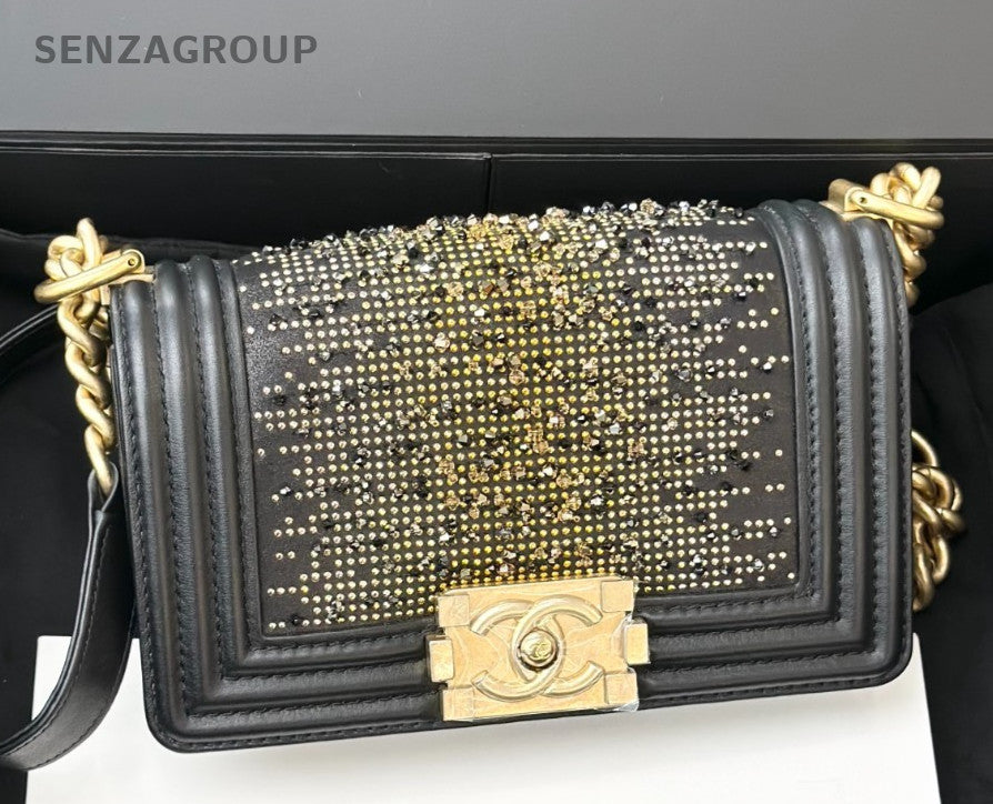 Chanel Leboy PM Rhinestone Chain Calfskin Black Gold Women Classic Designer