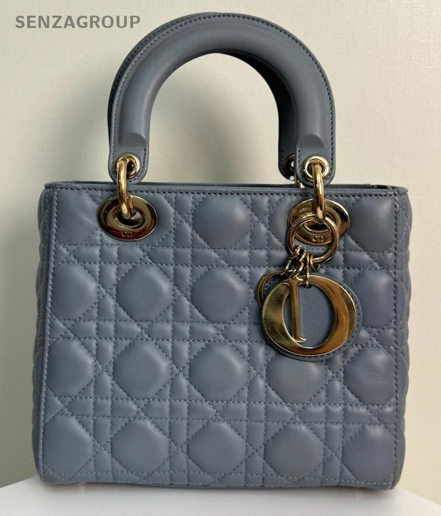 Christian Dior Lady Lambskin Top Handle 2way Shoulder Handbag Haze blue Women