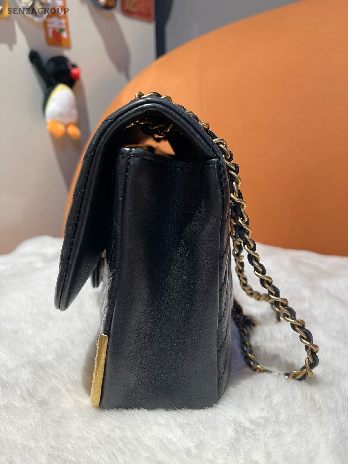 Chanel CF Black Gold Calfskin V-Pattern Chain Shoulder Bag Vintage