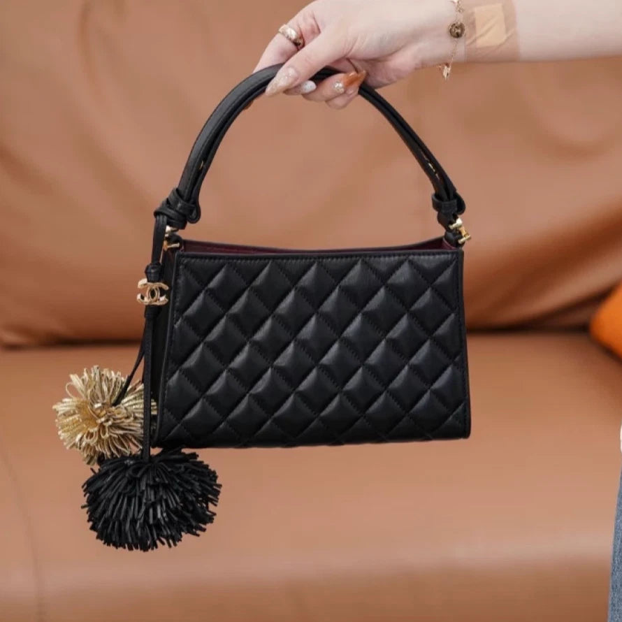 Chanel Hobo Lambskin Top Handle Shoulder Bag Black Gold Hardware Women S