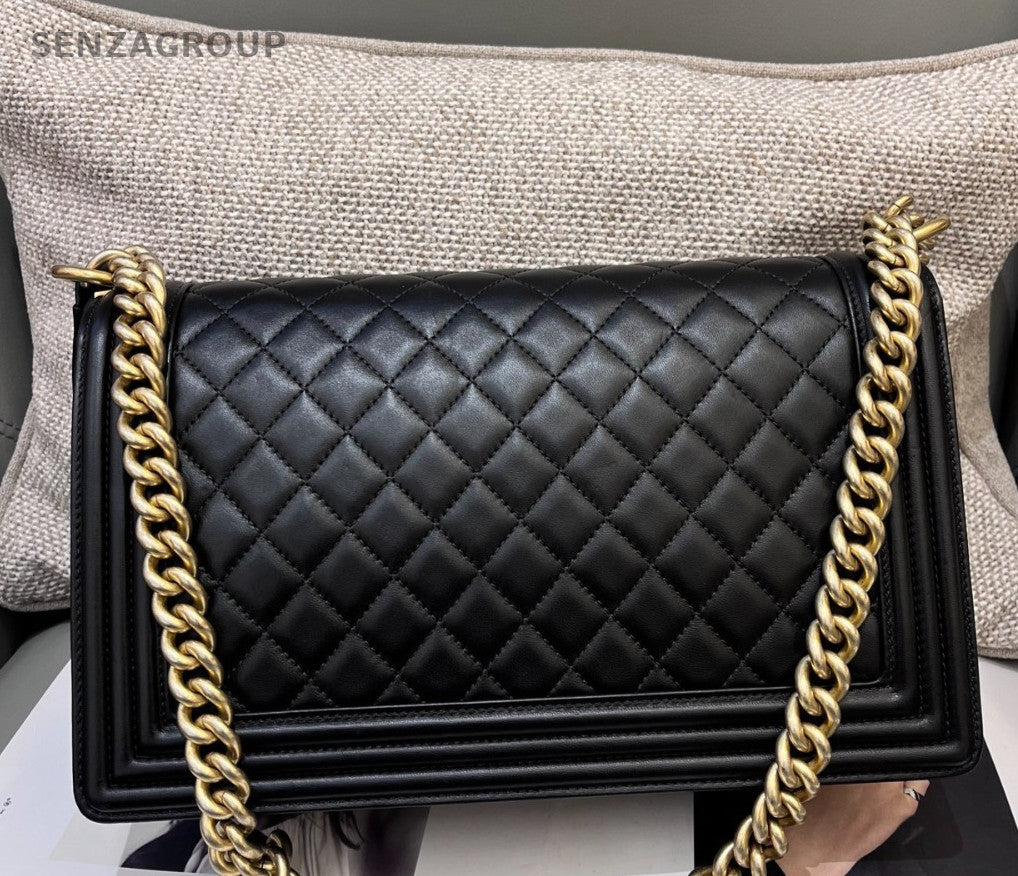 Chanel Leboy GM Lambskin Chain Shoulder Bag Crossbody Black Gold Women Classic