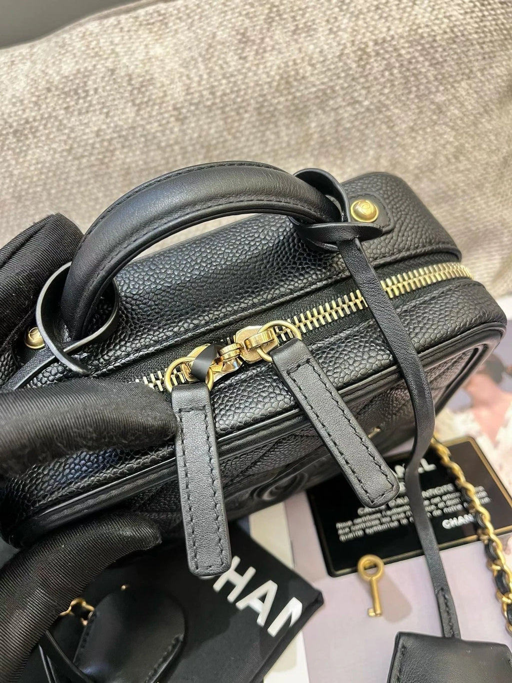 Chanel Vanity Case PM Chain Top Handle Crossbody Black Gold Women Diamond