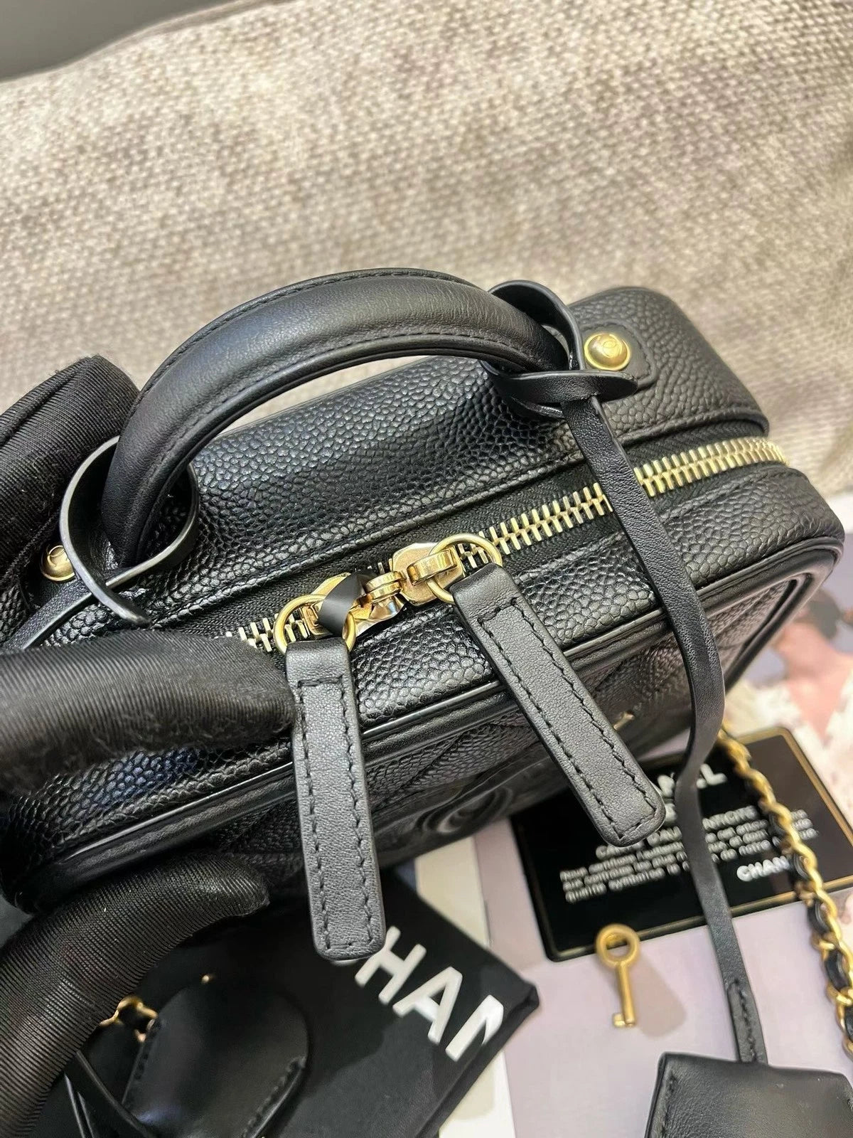 Chanel Vanity Case PM Chain Top Handle Crossbody Black Gold Women Diamond