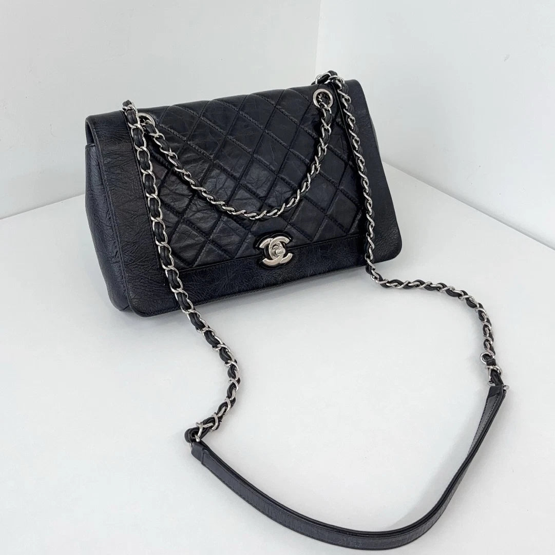 Chanel Water Shine Calfskin Black Silver Crossbody Bag Women Classic