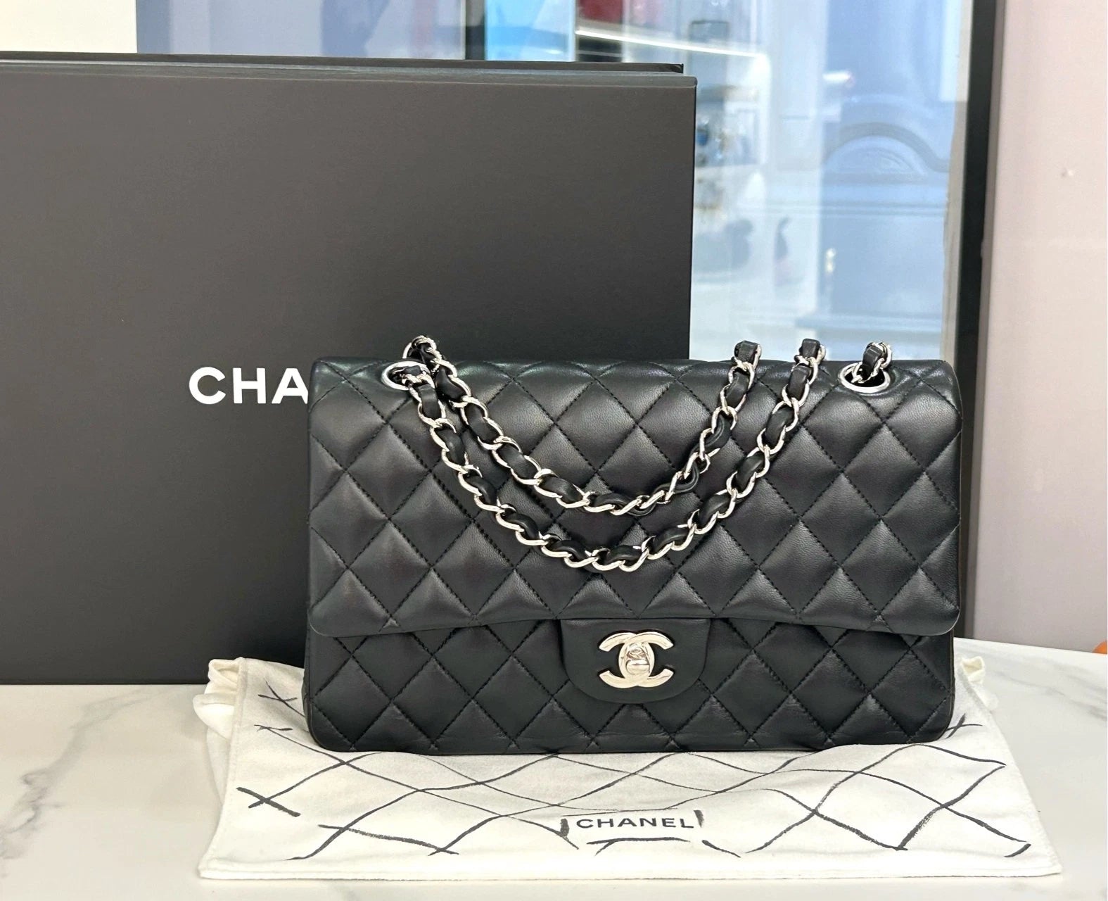 CHANEL CF Black Silver Medium Lambskin Shoulder Bag Women