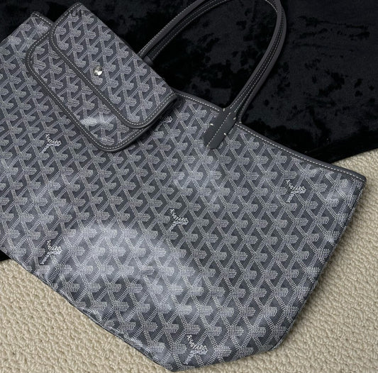 Goyard MM Canvas Monogram Tote Top Handle Shoulder Bag With Pouch Women Gray.