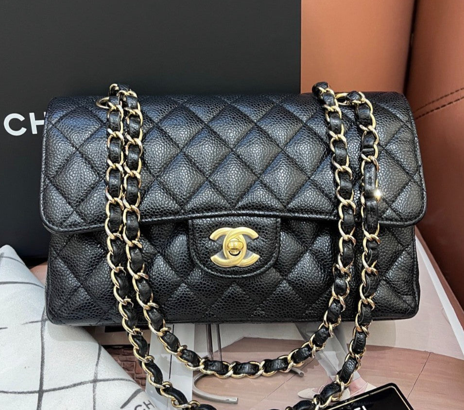 Chanel Classic Flap PM Chain Calfskin Shoulder Crossbody Black Gold Women
