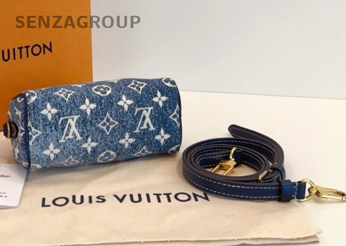 Louis Vuitton Speedy Nano Denim Top Handle Shoulder Crossbody Bag Blue Women