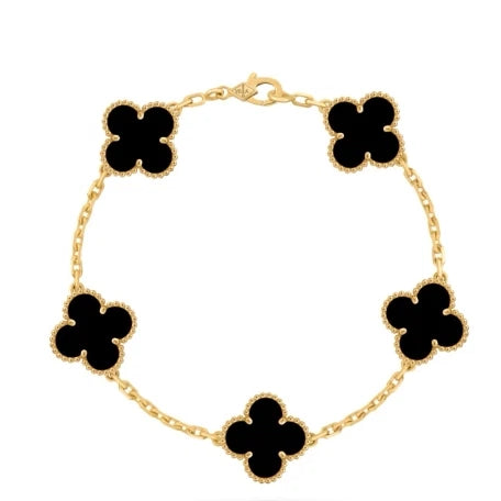 New Van Cleef &amp; Arpels Vintage Alhambra 5 Motifs Bracelet Onyx 18k Yellow Gold