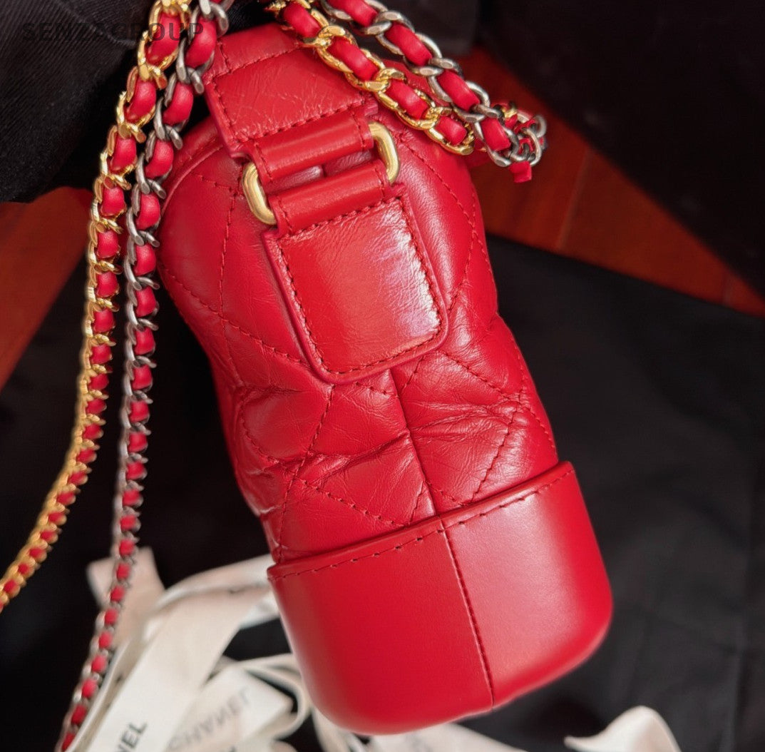 Chanel Gabrielle Calfskin PM Chain Shoulder Bag Crossbody Red Gold Diamond Women