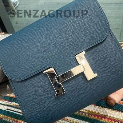 Hermès Constance Compact Wallet Blue Silver Hardware Women's Fashion