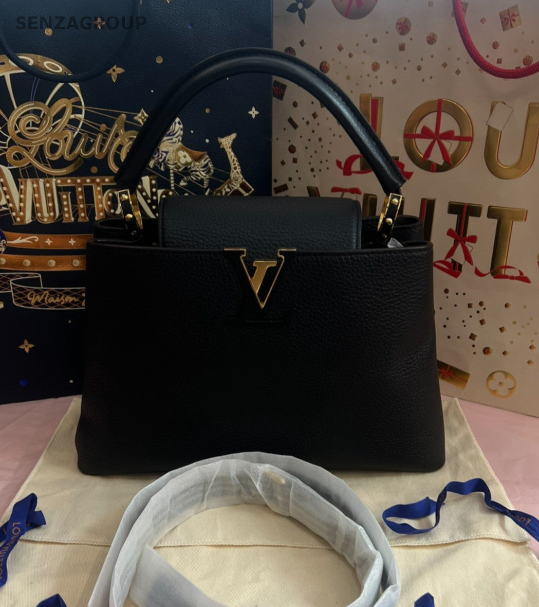 Louis Vuitton Capucines MM Top Handle 2Way Shoulder Handbag Black Gold Women
