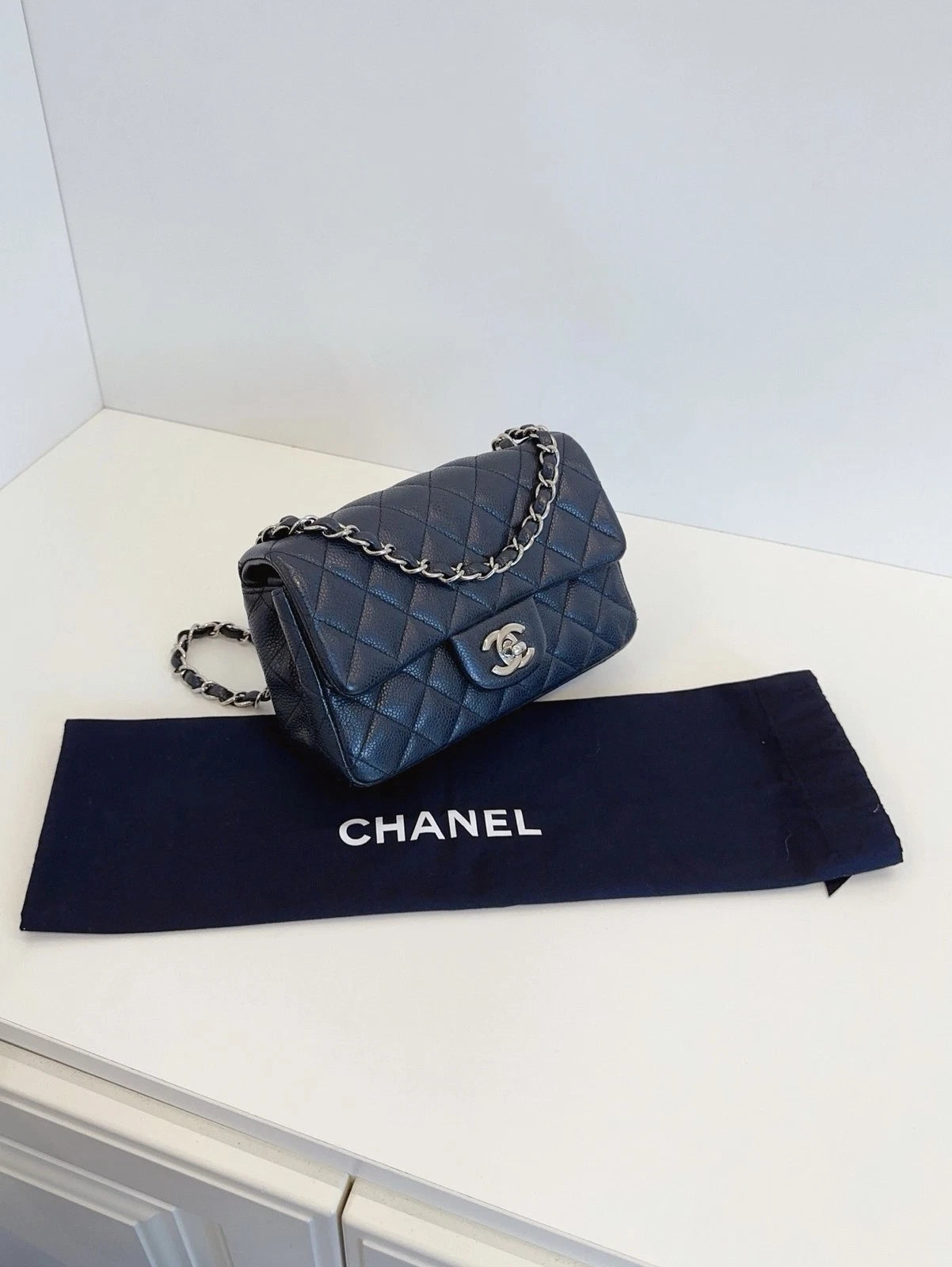 Chanel Flap Mini Crossbody Shoulder Bag Black Silver Excellent