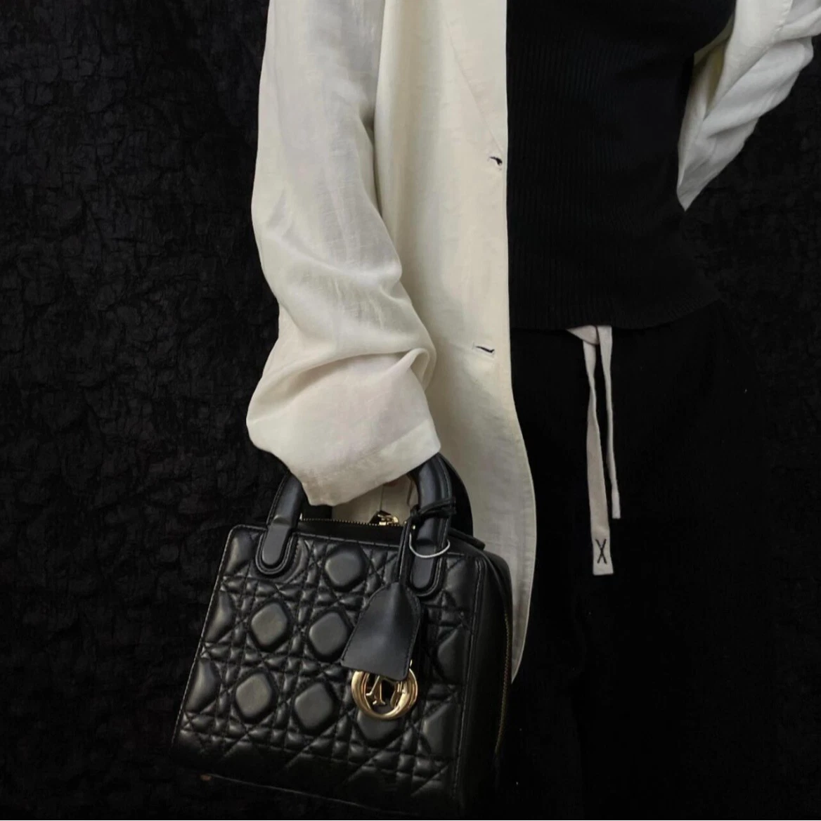 Christian Dior Lily Cannage 2-Way Black Top Handle Bag Crossbody Gold Hardware