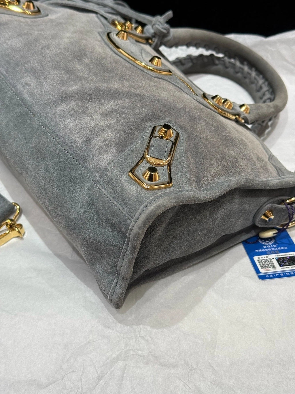 Balenciaga Le City Suede Top Handle Crossbody Gray Gold Women Classic