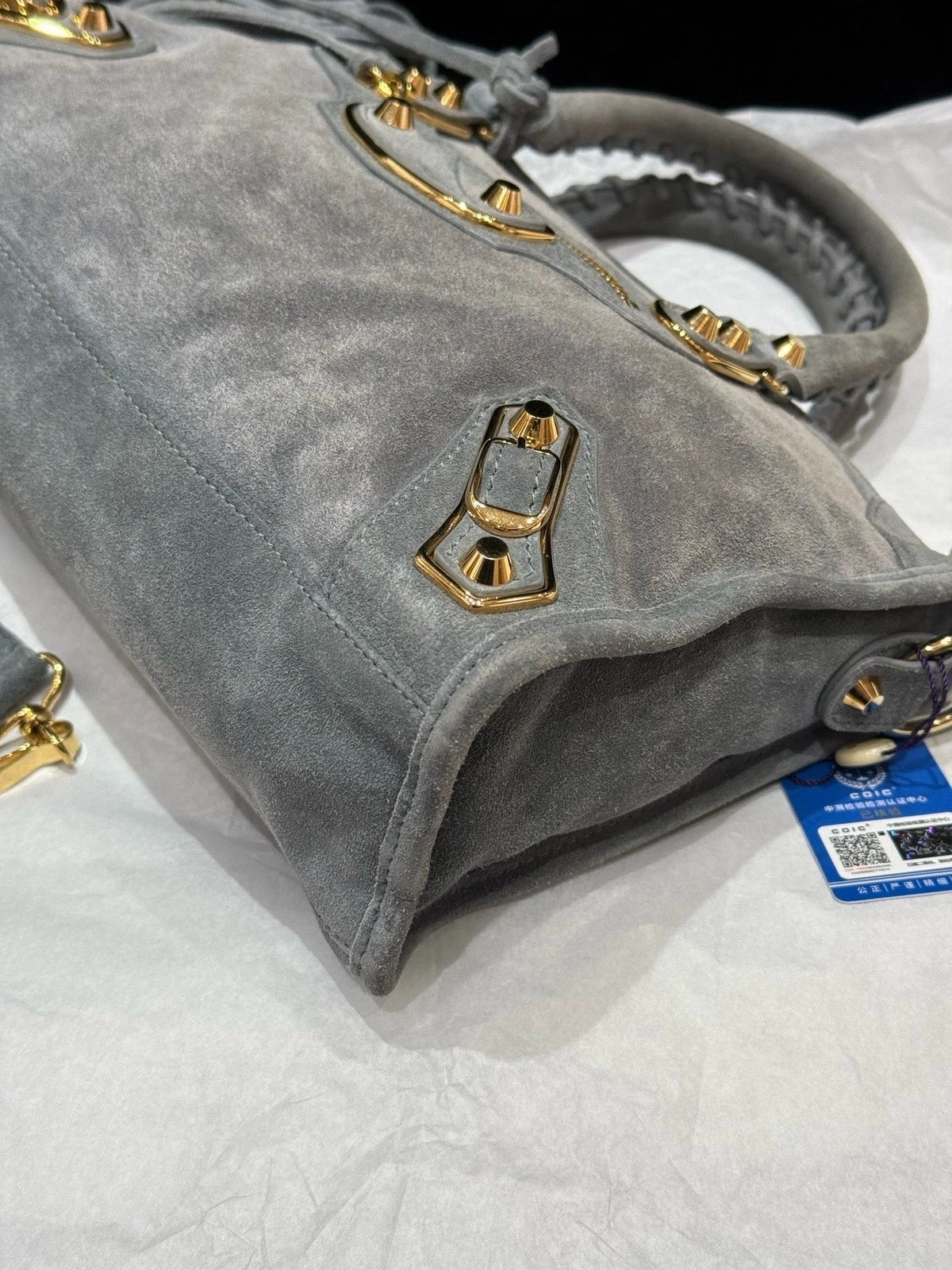 Balenciaga Le City Suede Top Handle Crossbody Gray Gold Women Classic
