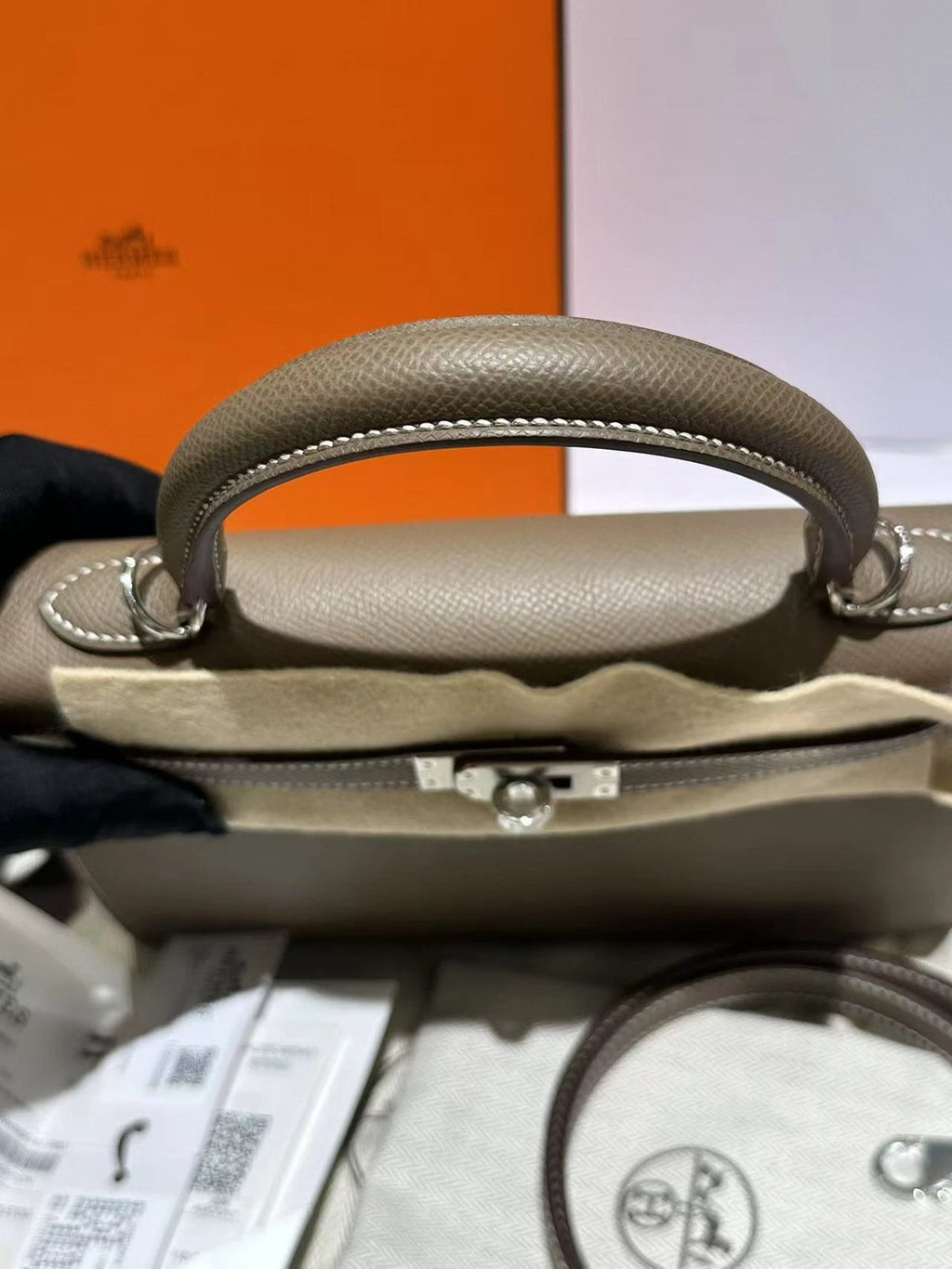 Hermes Kelly25 Epsom Leather Top Handle Bag For Women Grey Silver