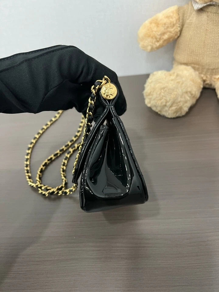 CHANEL Black Gold Patent Leather Mini Crossbody Bag For Women