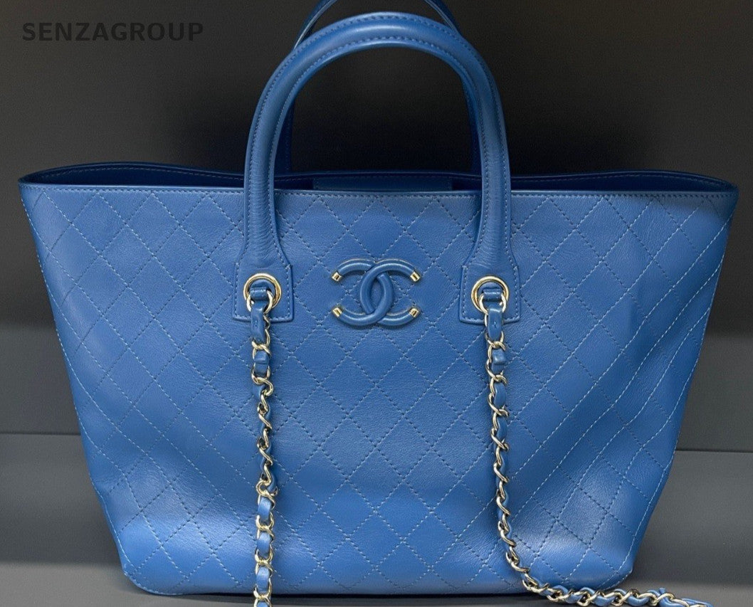 Chanel Calfskin Tote Chain Shoulder Bag Blue Silver Used Women Classic