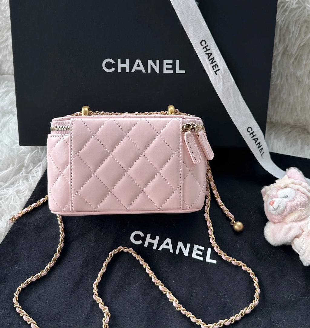 Chanel Sakura Pink Double Gold Ball Adjustable Chain Box Handbag Women