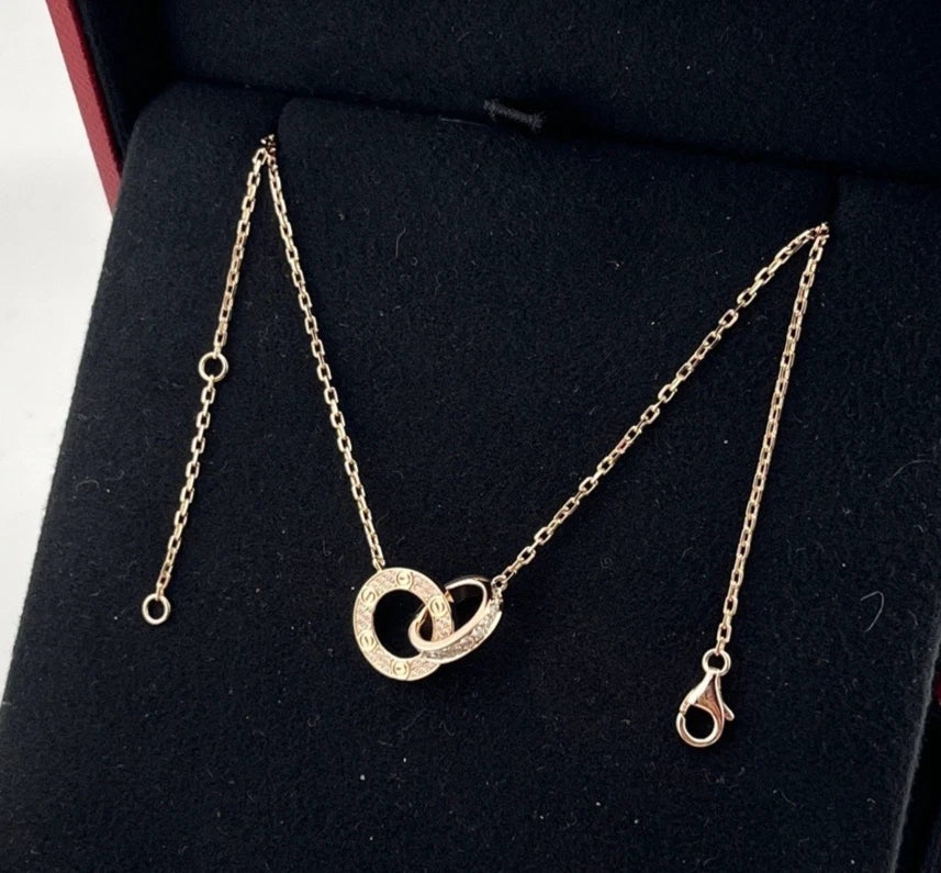 Cartier Love Necklace 18K Rose Gold Diamond Double Ring Pendant