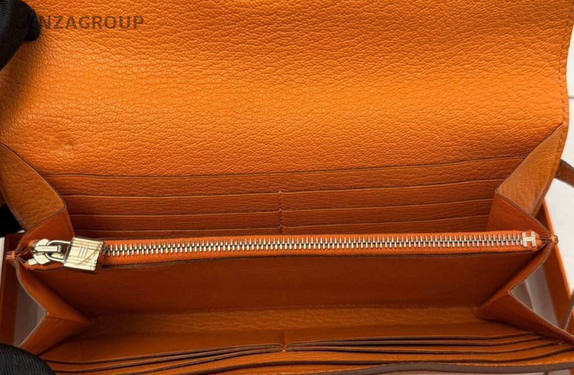 Hermes Kelly Long Wallet 2Way Shoulder Bag Crossbody Orange Gold Women Classic