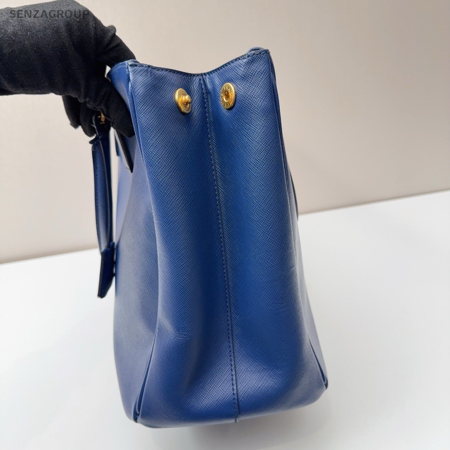 PRADA Saffiano Top Handle Blue Gold Handbag Women Classic