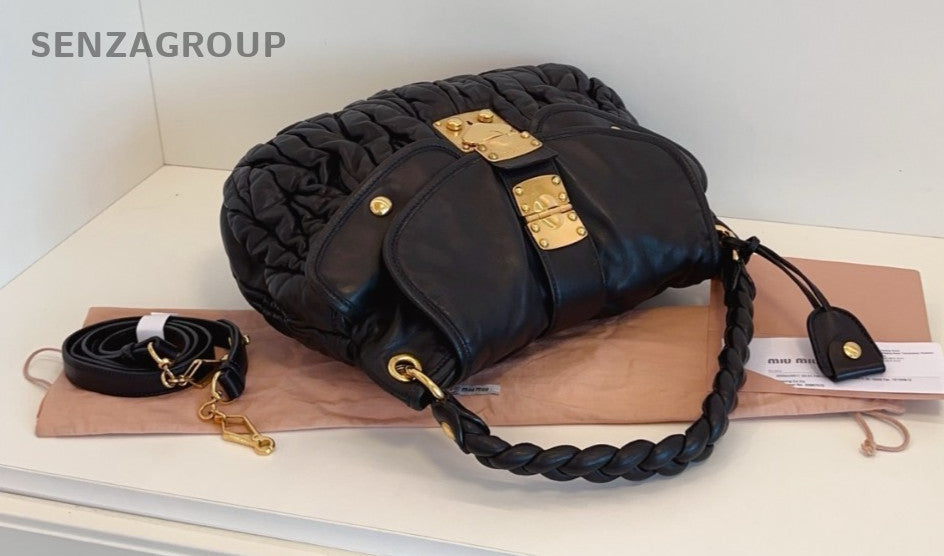Miumiu Hobo Wrinkled skin 2WAY Shoulder Handbag Black Gold Women