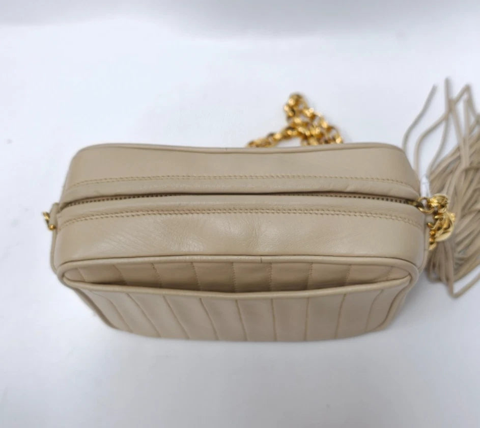 Chanel Vintage Tassel Camera Bag Chain Shoulder Bag Crossbody Ivory Gold Women