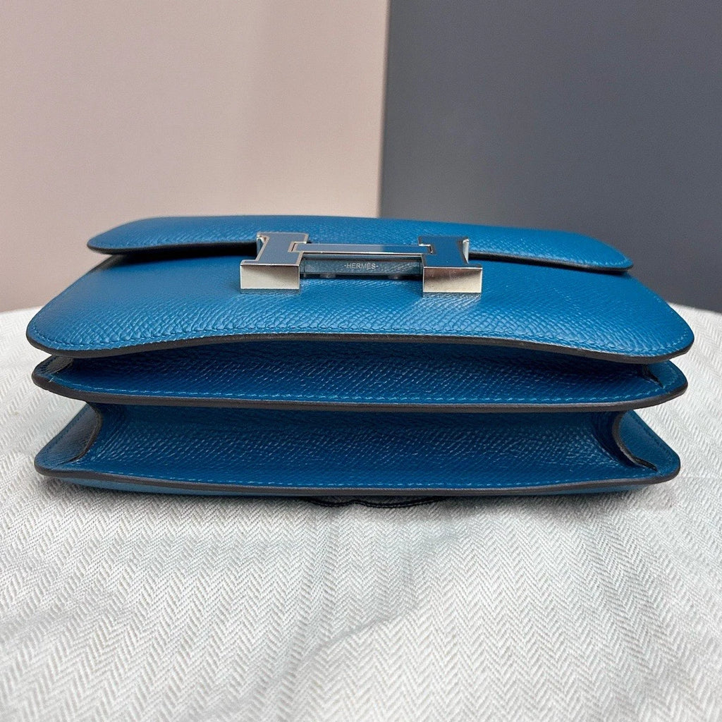 Excellent Hermes Constance19 Epsom Leather Blue Silver Shoulder Bag Crossbody