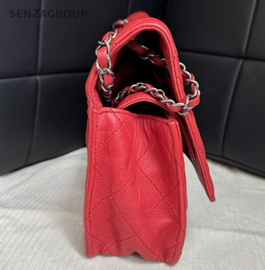 Chanel Lambskin Chain Shoulder Bag Crossbody Red Silver Diamond Women Classic