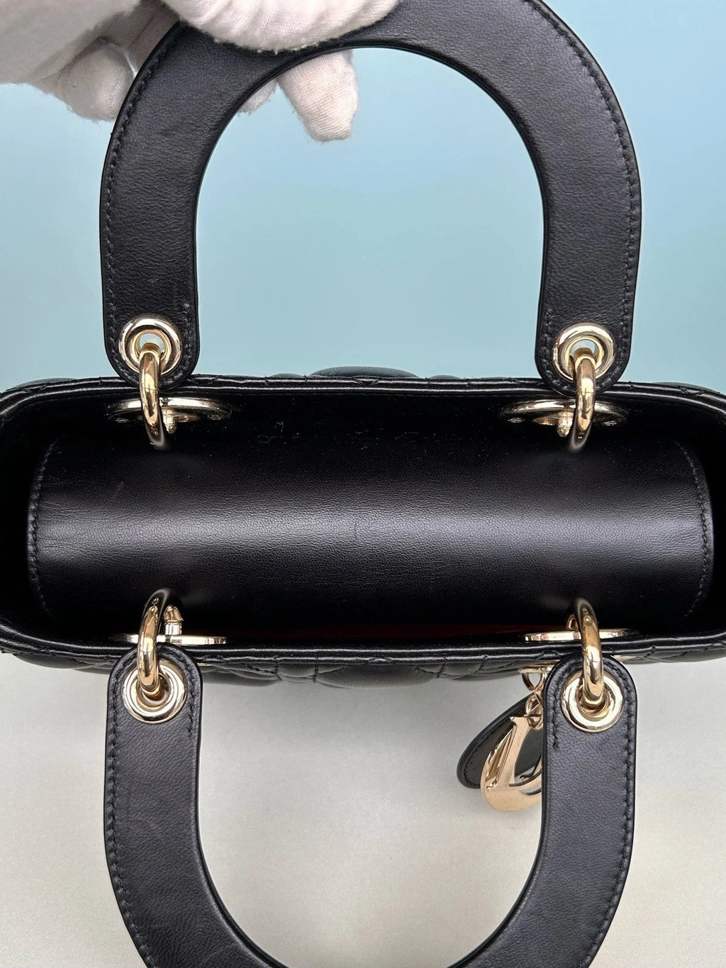 Dior Lady Dior Lambskin Black Gold Crossbody Top Handle Excellent