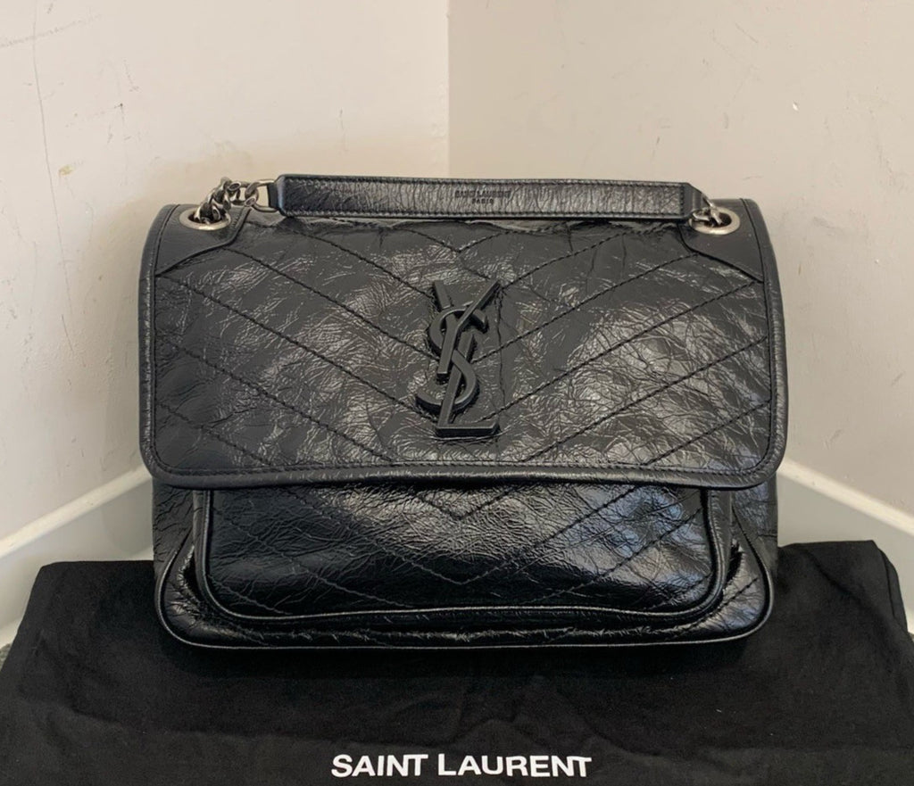 Saint Laurent Niki MM Calfskin Chain Shoulder Bag Black Silver Women Classic
