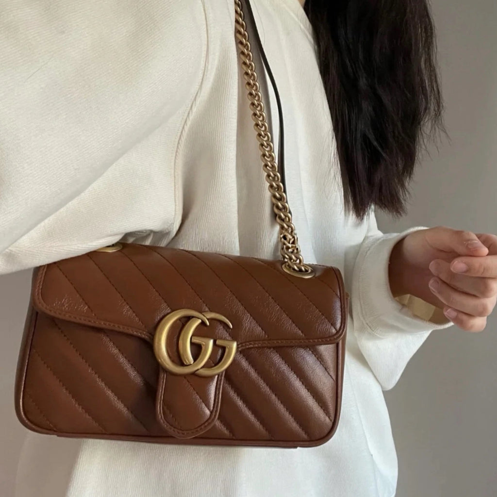Gucci Marmont 22 Chain Shoulder Crossbody Bag Brown Gold Hardware Women