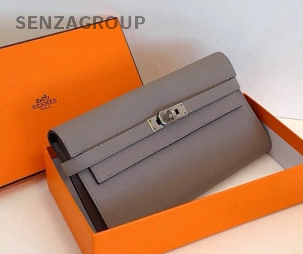 Hermès Kelly Long Wallet  EPSON Leather Clutch Women Gray Brand New