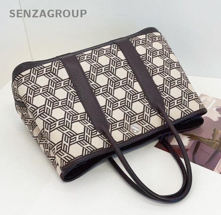 Hermes Garden Party Canvas Top Handle Bag Black White Silver Women Classic