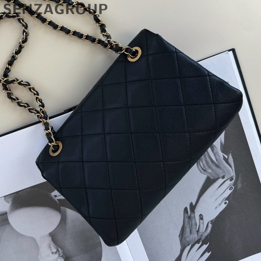 Chanel Classic Flap Chain Shoulder Bag Black Gold Women Fashion