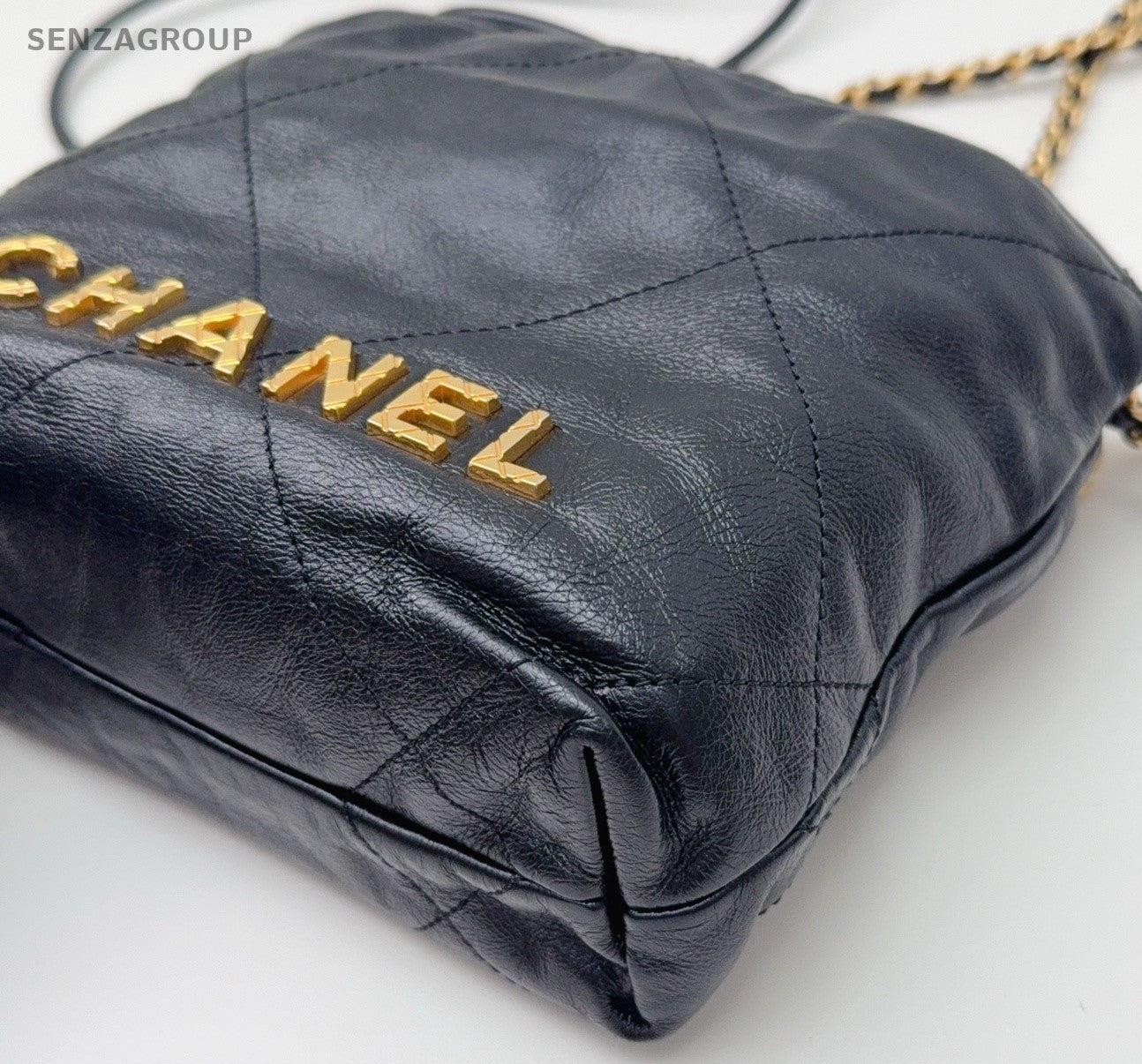 Chanel 22 Mini Calfskin Pearl Chain Shoulder Bag Crossbody Black Gold Women