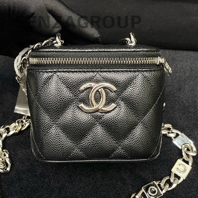 Chanel 22S Black Mini Square Flap Bag Silver Hardware Letter Chain Strap