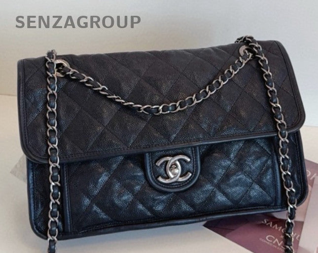 Chanel Jumbo Double Chain Calfskin Shoulder Bag Black Silver Women Classic