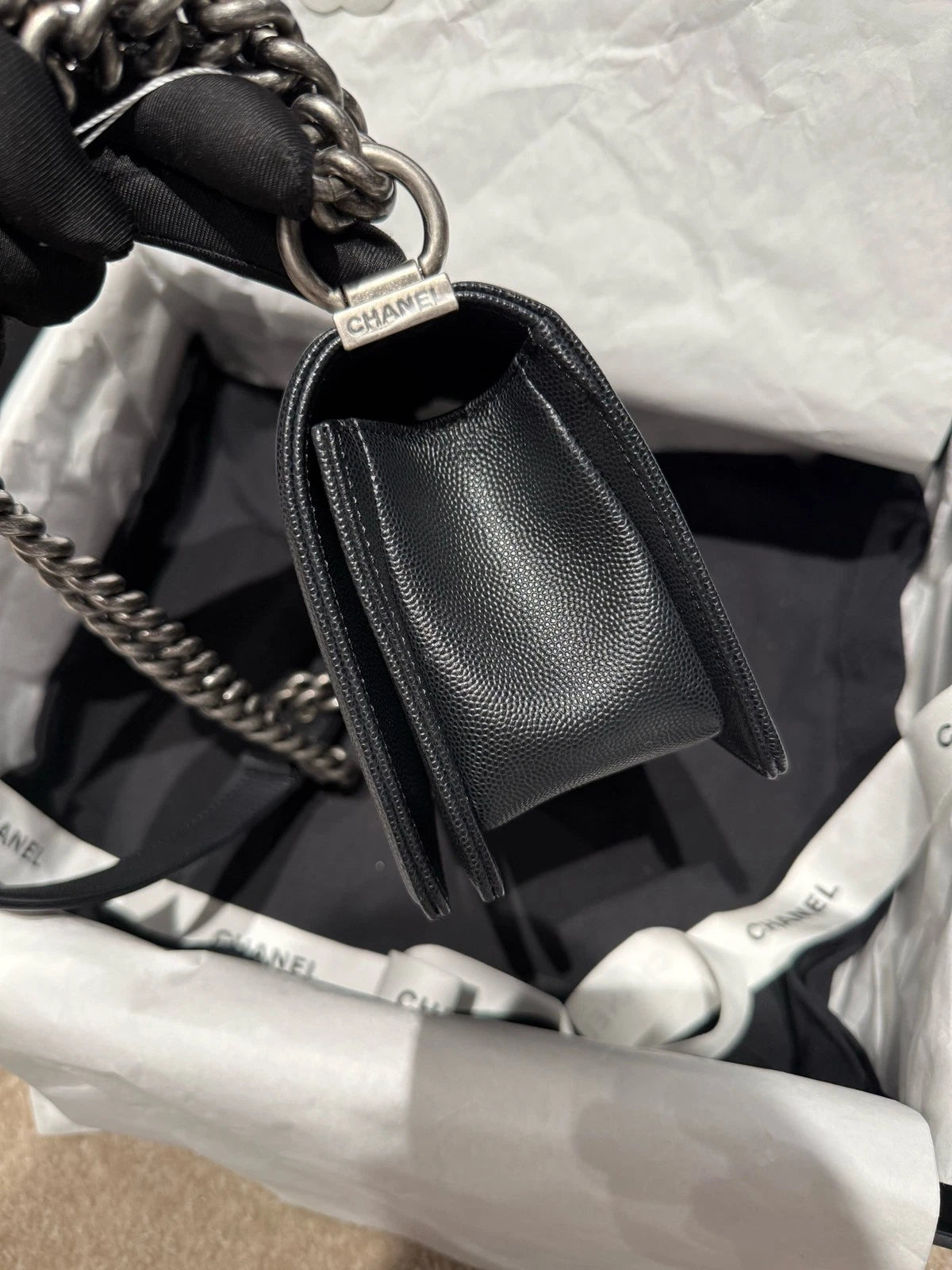 Chanel LeBoy Black Silver Leather Small Shoulder Bag For Women