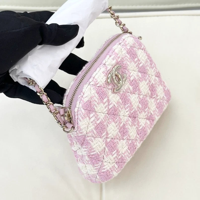 Chanel Tweed Shell Bag Chain Shoulder Bag Crossbody Pink Gold Women Classic S
