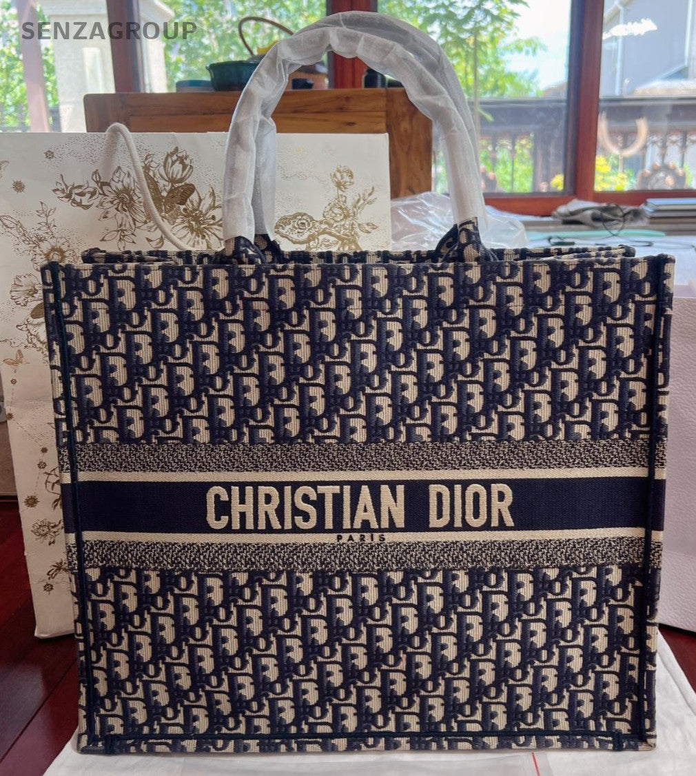 Christian Dior Book Tote GM Top Handle Bag Blue White Women Classic