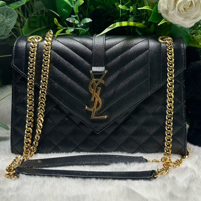 Saint Laurent Black Gold Envelope Chain Crossbody Bag Medium Classic